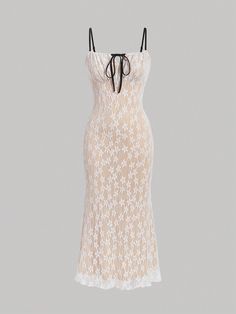 Khaki Elegant Collar Sleeveless Knitted Fabric Floral Cami Embellished Non-Stretch  Women Clothing White Lace Boho Dress, White Lace Dress Boho, School Dance Dresses, Tight Dress Outfit, Aesthetic Dresses, Bella Hadid Outfits, Lacy Dress, Casual Outfits For Teens, Red Dress Outfit