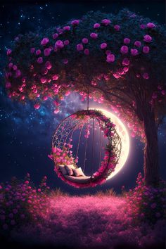 a swing chair in the middle of a tree with pink flowers on it and a full moon