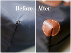 before and after photos of a blue leather bag with stitching on the side, showing how to clean it