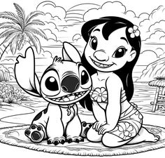 the cartoon character lil and stitch is sitting next to each other in front of an island