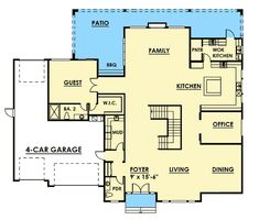 the first floor plan for a house with three car garages and two separate living areas