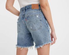 The first ever jean shorts. Modeled after the 501® Original jeans, these Mid-Thigh Shorts were made with our iconic vintage-inspired fit, a flattering high rise and a longer inseam. To this day, they’ve never gone out of style. And they never will. A vintage-inspired pair of cut-offs A universally-flattering summer essential Hits mid-thigh for a versatile style Guaranteed to never go out of style That perfect broken-in look;without putting in the work. This garment was distressed for an authenti Long Cut Off Jean Shorts, Mid Thigh Shorts, Cut Off Jean Shorts, Cut Offs, Long Cut, Summer Essential, Cut Off Jeans, Drawing Clothes, Women's Shorts