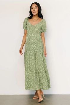 Do not miss out on our brand new maxi! Gables features a cute green multi color and a floral design! Long Spring Dresses, Long Frocks For Girls, Puff Sleeve Maxi Dress, Black Tiered Dress, Modest Maxi Dress, Baltic Born, Tiered Maxi Skirt, Maxi Bridesmaid Dresses, Square Neck Dress