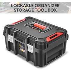 an open storage box with tools in it and the text lockable organizer storage tool box