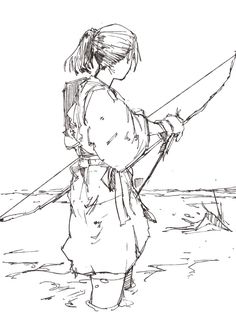 a drawing of a woman holding a fishing pole in her hand and standing in the water