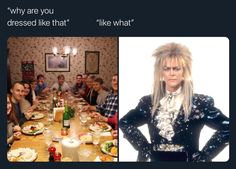 a woman with long hair standing in front of a table full of food and drinks