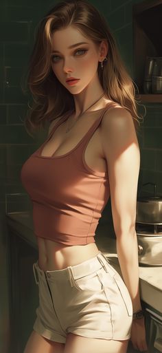 a painting of a woman standing in a kitchen with her hands on her hips and looking at the camera