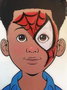 a drawing of a young boy with spiderman's face painted on his forehead