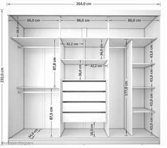 an open closet with measurements for the door and shelf space on each side is shown