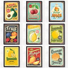 six framed fruit labels are shown in different colors and sizes, including oranges, lemonade