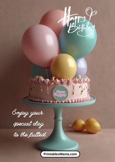 a birthday cake with balloons on top and the words happy birthday written in white writing