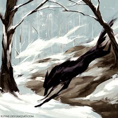 a painting of a black dog running in the snow by some trees and bushes with no leaves on it