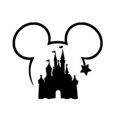 the silhouette of mickey mouse's head in front of a castle with stars on it