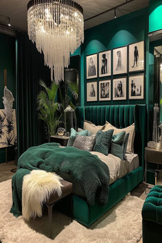 Opulent baddie bedroom in emerald green with a velvet bed, chic chandelier, and a gallery wall of fashion prints. Condo 1 Bedroom Interior Design, Emerald And Gold Office, Green And Blue Bedroom Ideas, Emerald Green Office, Emerald Green Room Ideas Bedroom, Dark Teal Bedroom, Emerald Bedroom, Green Room Ideas Bedroom, Emerald Green Living Room