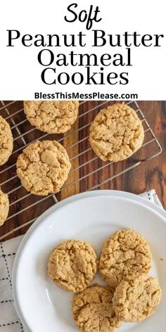 soft peanut butter oatmeal cookies on a white plate next to a cooling rack