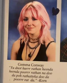 a woman with pink hair and piercings on her face is shown in an advertisement