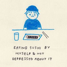 a drawing of a person sitting at a table with sushi