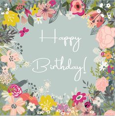 a happy birthday card with flowers and butterflies on the blue background stock photo - 7897