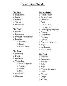 the construction checklist is shown in black and white