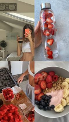 the woman is eating strawberries, bananas and blueberries in front of her water bottle