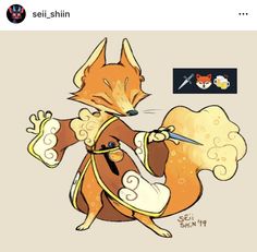 a drawing of a fox with scissors in it's mouth and an orange tail