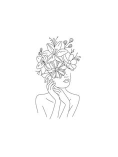 a line drawing of a woman with flowers in her hair