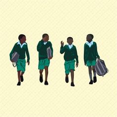 three boys in green uniforms are walking down the street