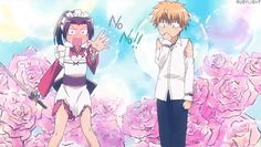 two anime characters standing next to each other in front of pink flowers with one pointing at the camera