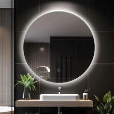 a bathroom with a sink, mirror and plant in the corner on the counter top