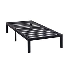 a black metal bed frame with slats on it's sides and two legs