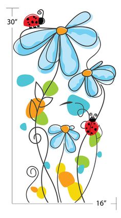 a drawing of flowers with ladybugs on them