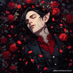 a woman with her eyes closed surrounded by red roses and petals, in the dark