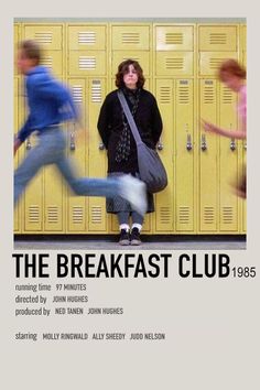 a woman leaning against a wall in front of lockers with the words the breakfast club on it