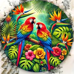 two parrots sitting on a branch surrounded by tropical flowers