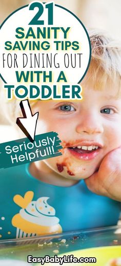 a little boy eating food with the words 21 savvy tips for dining out with a toddler
