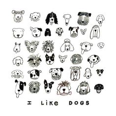 a bunch of dogs that are drawn in black and white on a white background with the words i like dogs