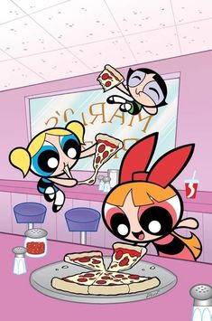 the powerpuff girls are eating pizza together