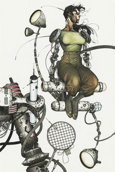 a drawing of a woman sitting on top of a pile of assorted objects and lights