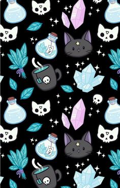 a black background with skulls and cats on it