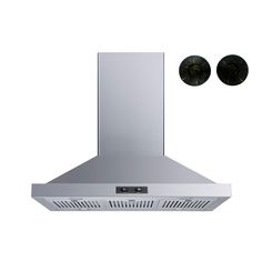 a stainless steel range hood with two black knobs on each side and an exhaust fan in the middle