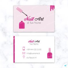 two business cards for nail art with pink and white designs on the front and back
