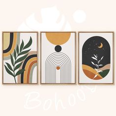 three framed art prints with plants and moon on the top one is black, white, gold and green