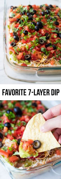 two images showing how to make a layered dip with tortilla chips and black olives