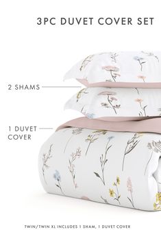 three sheets stacked on top of each other with the words 3 pc duvet cover set