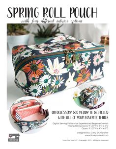 an advertisement for a cosmetic bag with flowers on it and the words spring roll pouch