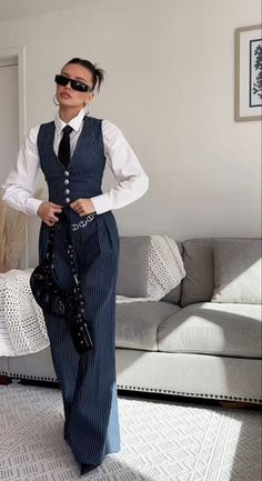 Pinstripe Wide Leg 2-piece Suit – Luxandluxy 3 Pieces Suit Woman, Moderator Outfit, Business Woman Fits, Women In Formal Suits, Classic Trousers Women Outfit, Outfit Suit Woman, Rich Widow Aesthetic, Women’s Suit Outfit, Suits For Prom Girl