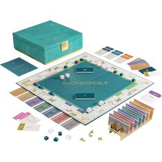 the monopoly board game is shown with all its components laid out and ready to play