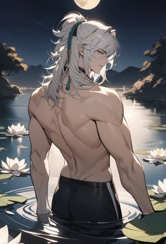 an anime character standing in the water with his back turned to the camera and looking down