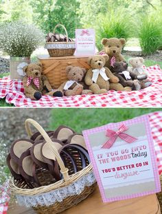 teddy bears are sitting in baskets on a picnic table