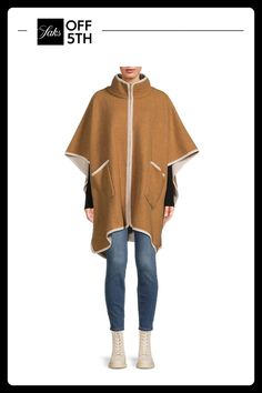 A Tight, Warm Knit Poncho, With Contrast Trim And Front Hand-Warmer Pockets. Perfect For Layering And Transitional Seasons. Stand Collar Three-Quarter Sleeves Zip Front Two Front Patch Pockets Side Slits Acrylic Dry Clean Imported Size & Fit About 36" From Shoulder To Hem Model Shown Is 5'10" (177cm). Center Core - W Cw Accessories > Saks Off 5th. Roffe Accessories. Color: Camel. Accessories Stand, Knit Poncho, Front Hand, Hand Warmer, Knitted Poncho, Camel Color, Contrast Trim, Quarter Sleeve, Three Quarter Sleeves